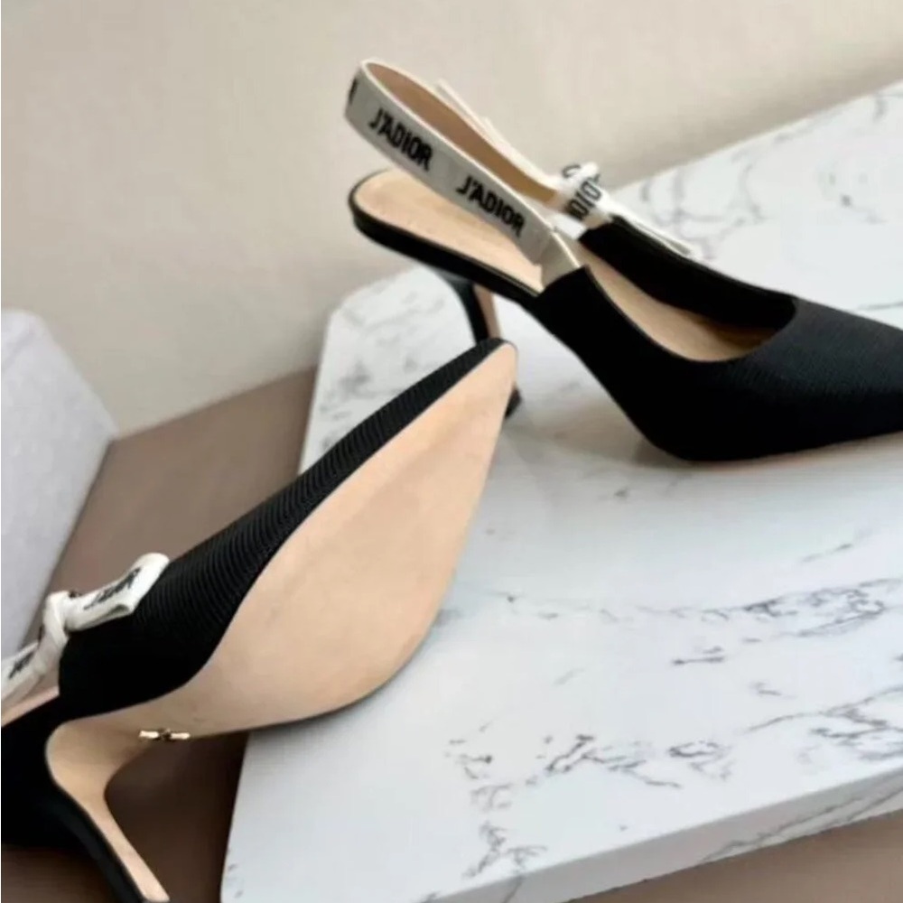 Dior Black Pointed Slingback Heels with White Logo Strap. - Picture 8 of 9
